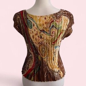 Vintage Brown & Red Abstract Print Pleated Top — Size M